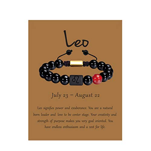 VLINRAS Leo Gifts Men Women Zodiac Leo Bracelet Braided Adjustable Black Onyx Horoscope Birthday Jewelry