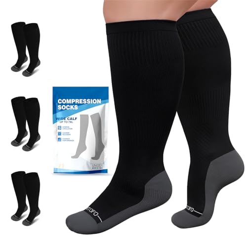 Image of 3 Pairs Plus Size Compression Socks 20-30mmHg for Women Men, Wide Calf Graduated Compression Stockings for Nurses, Pregnant, Travel, Flying(S /M-7XL)