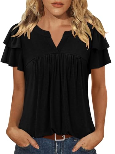 BETTE BOUTIK Womens Crewneck Short Sleeve Summer Tops Pleated Tunic Shirts S-3XL