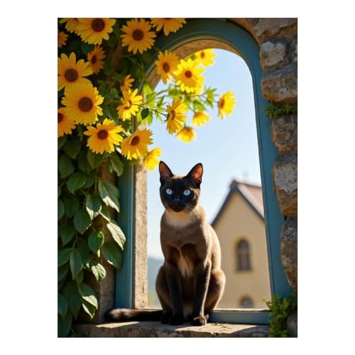 TZTTZT Kits de arte de diamantes para adultos – Gato girasoles arqueados ventana jardín kits de pintura de diamantes para adultos principiantes, pintura de diamantes sin marco para decoración de pared