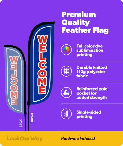 Image of LookOurWay Feather Flag Pole Kit - 7 Feet Tall Advertising Banner with Fiberglass Pole Set and Ground Spike for Business Promotion - Open Flags - Welcome Blue & Red