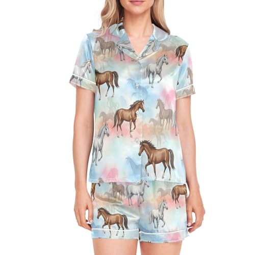 Image of Womens Silk Satin Pajamas Set Western Theme Womens Short Sleeve Shorts Set 2 Piece Sleepwear Lounge Set S-XXL