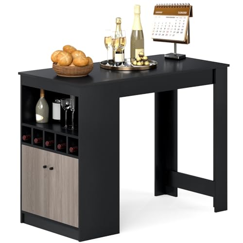 LIFEZEAL Mesa de bar, mueble bar, alta, moderna, con 2 puertas, 5 botelleros, espacio de almacenamiento clasificado, mesa de comedor, desayuno, mostrador, península de cocina, madera, 120 x 60 x 91,5