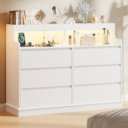 Dresser for Bedroom, 6 Drawer Dresser with LED Lights and Charging Station, Wide Chest of 6 Drawers with Open Space, Modern Large Capacity Storage Cabinet, Living Room, Hallway, White