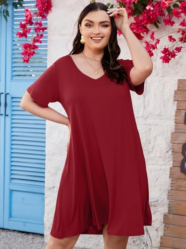 Image of ZENNILO Women's Plus Size Swing Dress with Pockets Casual Summer Dresses V Neck Short Sleeve T Shirt Dress for Women