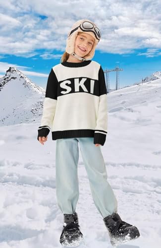 LAYOGAS Girl's Ski Pullover Sweaters Crew Neck Color Block Striped Long Sleeve Knitwear Jumper Tops2