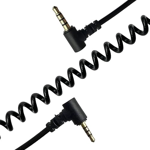 LiKuCo 2.5mm to 3.5mm Audio Cable Coiled; Double Angled 90 Degree 1/8 3.5mm TRRS Jack Male to 2.5mm TRRS Jack Male Stereo Audio Mic Aux Retractable Spring Cord Cable,4 Pole,Gold Plated