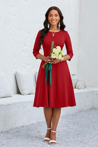 Image of CLOCOR Casual Midi Dresses for Women A-Line Fit and Flare Elegant Church 3 /4 Sleeve Crew Neck Dress with Pocket