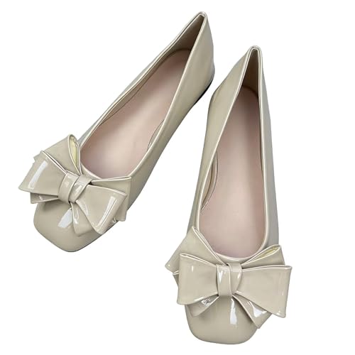 Image of Dear Time Women's Bowknot Ballet Flats Wedding Dressy Flats Square Toe Patent Leather Comfortable Shoes