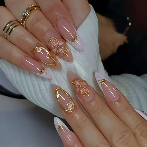 Lot de 24 Fleurs Faux Ongles Amande, 3D Handmade Ongles à Coller Brillant Français Press on Nails avec Autocollants Adhésifs, Artificiel Couverture...