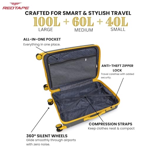 Image of Red Tape 8 Wheels Trolley Bag Set of 3 (Large + Medium + Cabin) | Olive & Yellow Hard Case Polypropylene Luggage | 360 Wheeling Suitcase for Men & Women | Durable Travel Trolley Bags for Business