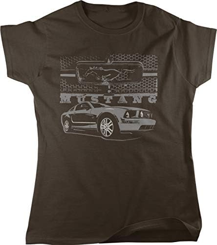 Hoodteez Ford Mustang and Grill, Pony Logo Grill Women's T-Shirt, L Brown