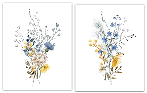 Flower Botanical Wall Art, Vintage Floral Nature Decor, Wildflower Branch Leaf Watercolor in Blue Yellow Neutral, Rustic Cottage Country Farmhouse Artwork Print for Bedroom, Unframed 11X14 set of 2.