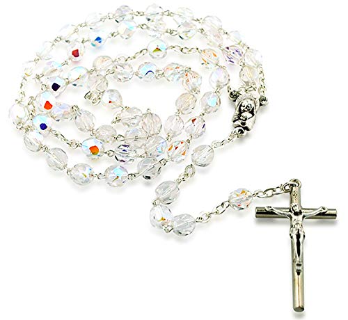 VILLAGE GIFT IMPORTERS Catholic Rosary with Crystal Glass Beads, Made in Italy (Clear)