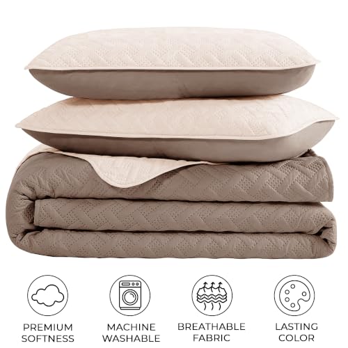 Image of Story@Home Reversible Quilted Bedsheet | 400 TC Ultrasonic Bedspread AC Blanket | Comforter for Double Bed Quilted Bedcover for Double Bed with 2 Pillow Cases 250x225 CM - Sand & Cocoa