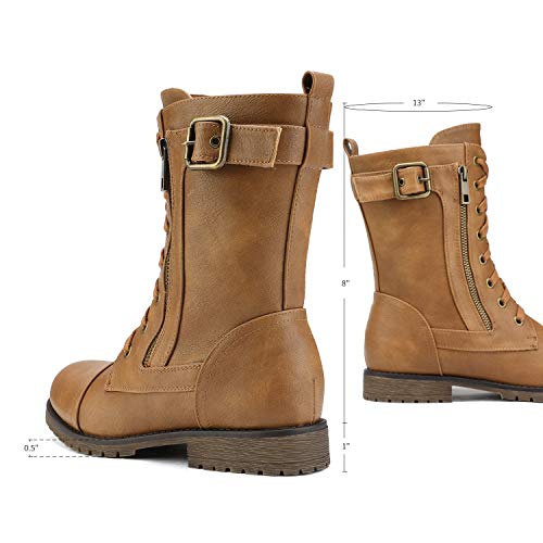 DREAM PAIRS Women's Mid Calf Built-in Wallet Pocket Lace up Military Combat Boots,Size 7,All Camel,MISSION