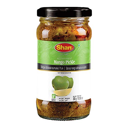 Shan Mango Pickle 10.58 oz (300g) - Tasty Brined Pickled in Oil - Rich Blends of Spices - Perfect Accompaniment to Everyday Meals - Suitable for Vegetarians - Airtight Pet Jar