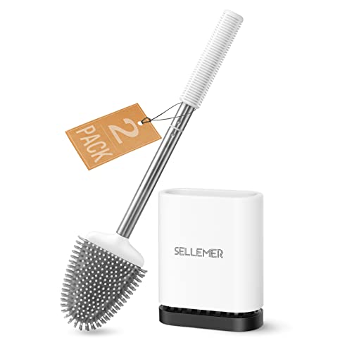 Image of Sellemer Silicone Toilet Brush, Ventilation Slots Base Holder 2 Pack, White | Flexible Bristles Flat Head for Rim, Hair Tangle-Free, Easy to Clean, Compact Design, Rustproof Handle, for Toilet /Sink /Tub