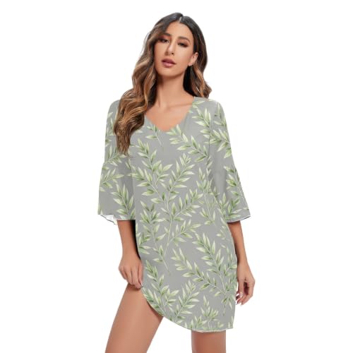 Robe trapèze en mousseline de soie imprimé feuilles col V pour vêtement été femme