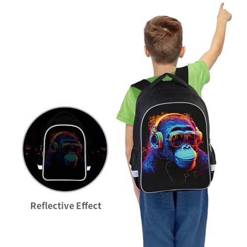 3 Pcs Kids Backpack, 3D Reflective Cartoon, 600D Polyester & Dual Zippers, 17" Bookbag with Ergonomic Design for boys & girls age 6-18, Gorilla Space Style for school Children Kids2