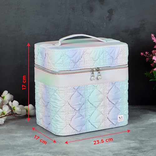 Image of NFI essentials Makeup Box, Vanity Bag, Cosmetic Storage Organiser for Women, Train Case Travel Makeup Pouch Organizer Brush Holder Make up Artist Bridal Trousseau Box for Girls (Quilted)