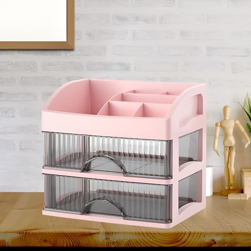 Image of HoopVool Desk Makeup Organizer, Plastic Storage Box with Sliding Drawer, Stylish Display Case for Cosmetics, Lotion, Nail Polish, Brushes, and Jewelry, Pink, 2-Layer
