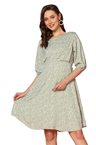 Image of Leriya Fashion Dresses for Women | Fancy Rayon Zig Zag Printed Faux Wrap Western Dress | Fit & Flare Knee Length Dresses for Girls | Loose Narrow Elastic Cuffs Sleeves