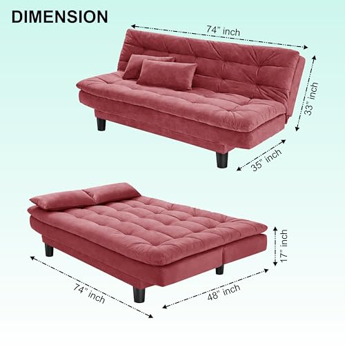 Image of Modern 3 Seater Sofa Cum Bed with Cushions, Foldable Convertible Couch, Velvet Fabric Sleeper Sofa for Living Room, Guest Room, Rose Pink