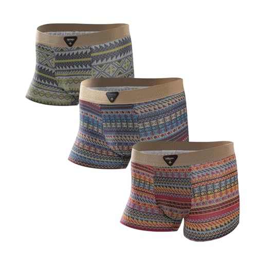 3pcs Men's Premium Cotton Boxer Briefs, Retro Pattern Mid-Rise Underwear, Breathable Moisture-Wicking Soft Shorts for Men