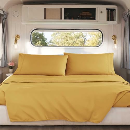 Nestl Camel Gold Short Queen Sheets for RV, Hotel Luxury RV Queen Sheets Set, 4 Piece Fitted Bed Sheet Set and Pillowcases, Super Soft, Wrinkle-Free, and Breathable Camper Bedding