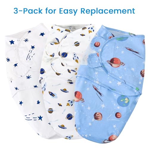 Image of david's kids 100% Cotton 3 Pack Baby Swaddle Wrap for 0-3 Months, Soft Breathable Swaddle Blanket for Newborn Infant, Adjustable Baby Wrap Sleep Sacks for Boys Girls, Newborn Essentials, Space