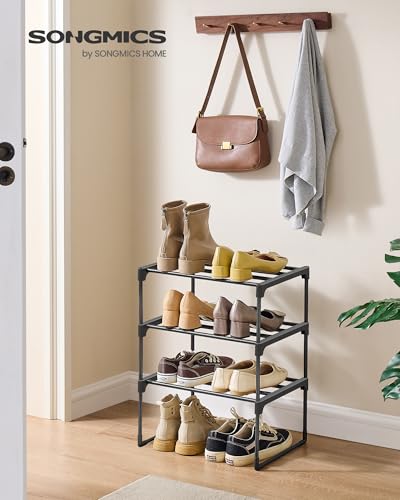 SONGMICS Shoe Rack, 3-Tier Shoe Organizer, Metal Storage Shelf, Upright or Upside Down, for 4-8 Pairs, Stackable, for Entryway, 11.8 x 16.7 x 21.5 Inches, Black ULSA003B01