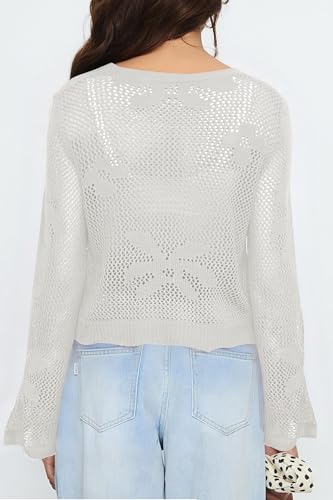 Image of Balimtoy Women Tie Front Cardigan Crochet Sweater Crop Tops Cute Bell Long Sleeve Knit Shrug Beach Vacation Cover Up
