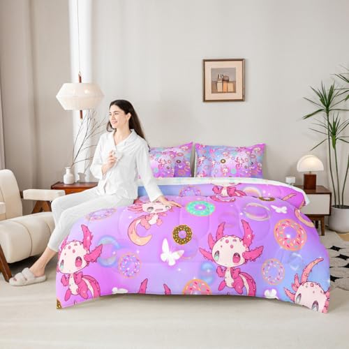 Image of Feelyou Kids Cute Axolotl 7 Pieces Bedding Set Queen Size, Dreamy Princess Bed in A Bag Kawaii Ocean Sealife Comforter Set with Sheets Boys Girls Butterfly Teens Bed Set Bedroom Decor 7Pcs