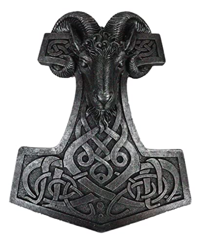 Ebros Gift Viking Ram Skull Thor Hammer with Runes Knotwork Wall Decor Norse God of Thunder Thor's Mjolnir Wall Plaque Figurine Scandinavian Mythology Collectible