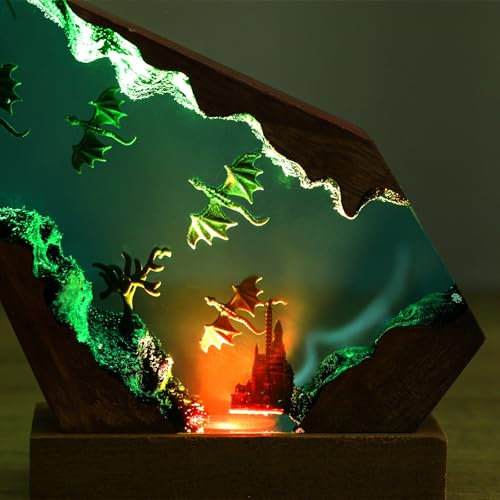 Image of Drawelry Ocean Creative Epoxy Resin Wood Light Lamp, Handmade Multi Color Aquatic Ocean Lamp Deep Sea Cave Diving Enthusiasts Led Night Light Desktop Decor Birthday Gift (Dragon, M)