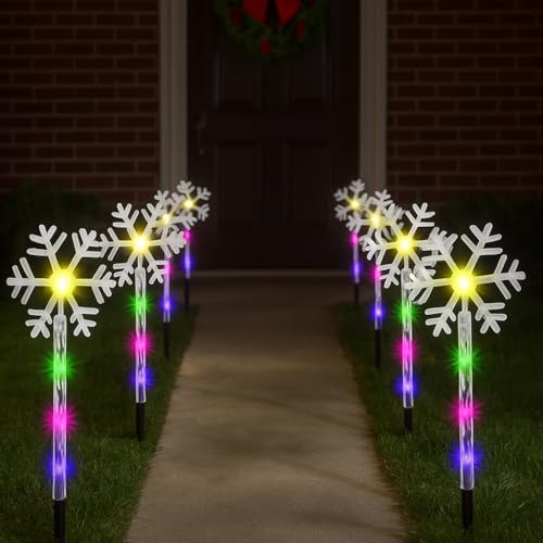 Just for Christmas Pathway Lights - 8 Pack Battery Operated Pre Lit Snowflake Christmas Lights W/a Timer Function & 32 Multicolor LEDs Great for Christmas Decorations & Garden Displays