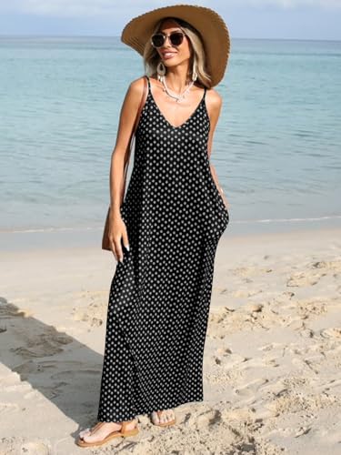 Poetsky Womens Casual Strappy V Neck Sleeveless Flowy Pockets Loose Long Maxi Beach Dress Sundress3