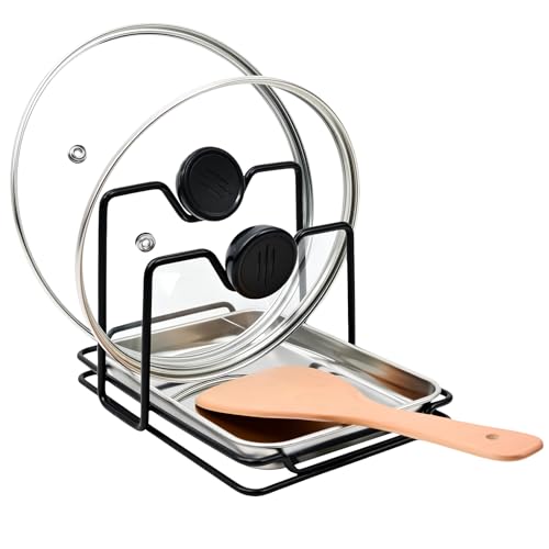 Pot Lid Holder While Cooking, 304 Stainless Steel Spoon Rest with Lid Holder for Countertop, Multifunctional Pan Lid Storage and Utensil Organizer for Stove Top