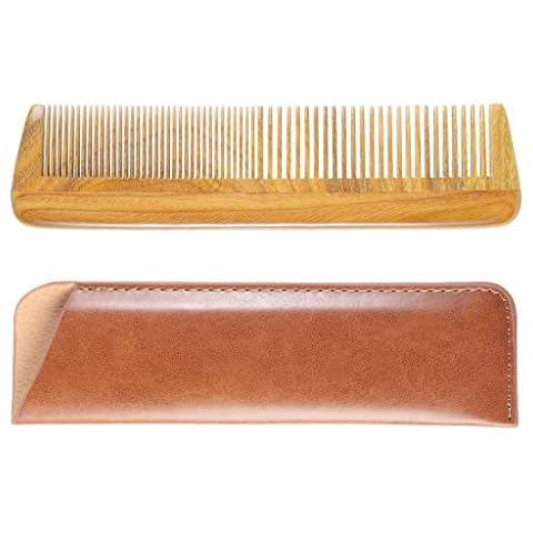 Onedor Handmade 100% Natural Green Sandalwood Wooden Comb for Men Hair, Beard, and Mustache Styling Pocket Comb With Leather Case (Long) Cover