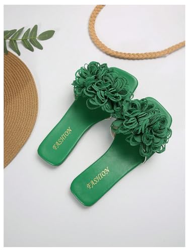 OYOANGLE Women's 3D Floral Flat Sandals Square Open Toe PU Leather Slip on Slides3