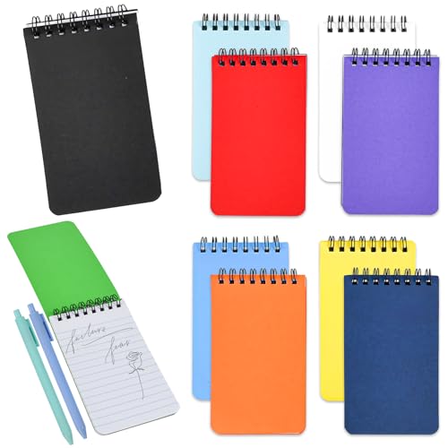 Byfoyif 10PCS Mini Block de Notas, Libreta Pequeña de Bolsillo A7 de 50 Páginas, Cuaderno Pequeño de Espiral con 2 Bolígrafos, Bloc De Notas en Espiral para Uso Diario, Escolar y Oficina
