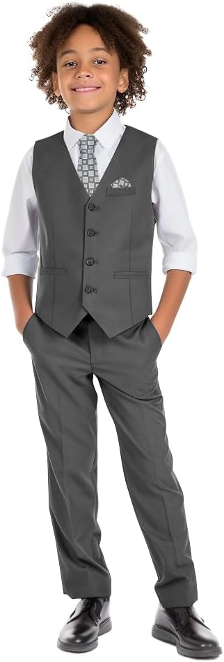 Boys' 6-Piece Formal Slim Fit Suit Set, Vest, Pants, Dress Shirt, Tie, Pocket Square, and Bow Tie