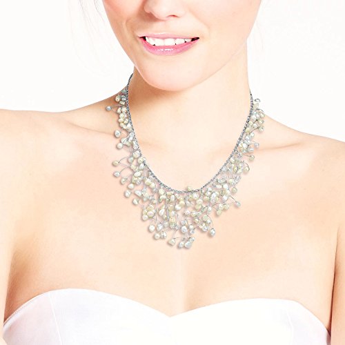 Aeravida Waterfall Of Cultured Freshwater White Pearl-Fashion Crystal On Silver Silk Thread Collar Necklace #TOP3