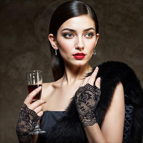 DIVINA VITAE 2 Pairs Lace Gloves Floral Fingerless Gloves Short Tea Party Glove for Women Bridal Wedding Prom Party Opera Dinner Cosplay 1920s Costume Accessories2