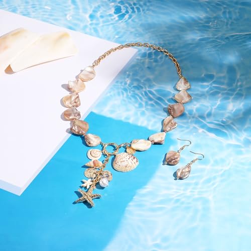Coiris Natural Seashell Choker Necklaces Earrings Jewelry Set for Women Starfish Shell Freshwater Pearl Collar Necklaces for Women Irregular Mother of Pearl Jewelry Set2