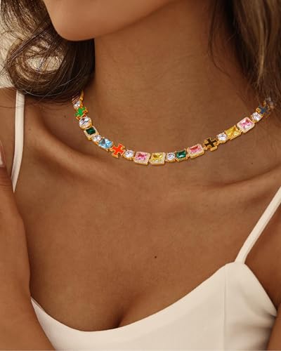 Multi Gemstone Tennis Necklaces For Women Men, 8MM, 16-24inches, 925 Sterling Silver, Cubic Zirconia, 18K Gold Plated Birthstone Necklace- Gifts For Birthday, Holidays, Anniversary, Christmas3