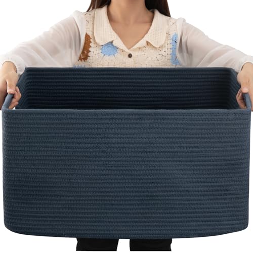 Image of OIAHOMY 75L Large Blanket Basket, Woven Storage Basket with Handle, Cotton Rope Basket 22 inchx17 inchx12 inch,Blanket Basket Living Room, Toy Basket for Nursery, Blue