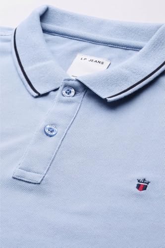 Image of Louis Philippe Men's Slim Fit Single-Tuck Pique Stylized Sleeve Print and Contrast Tipping Half Sleeve Solid Polo Tshirt