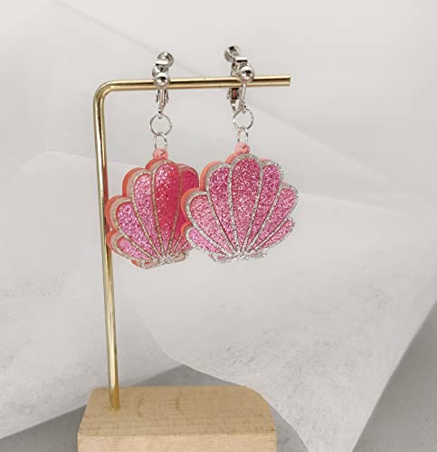 Acrylic Nautical Sea Shell Clip On Earrings Beach Jewelry Gifts For Women For Halloween Party (Pink) #TOP4